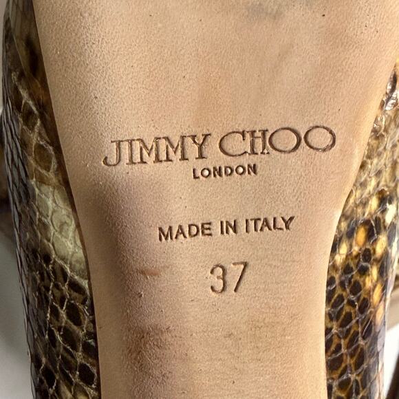 Jimmy Choo Glint Snake Print Leather Peep Toe Heels Size 7 - Picture 4 of 13